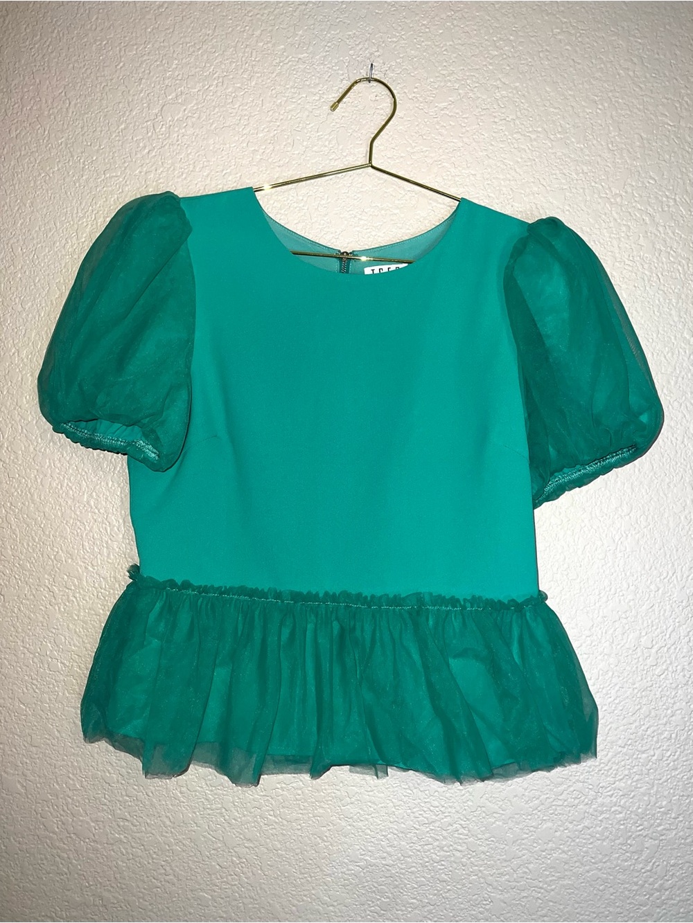 TCEC Emerald Green Bubble Sleeve Tulle Peplum Top Sz L